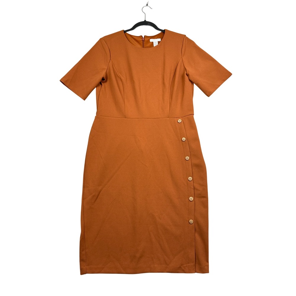 London Times Short Sleeve Side Button Sheath Dress Womens 8 Orange Polyester
